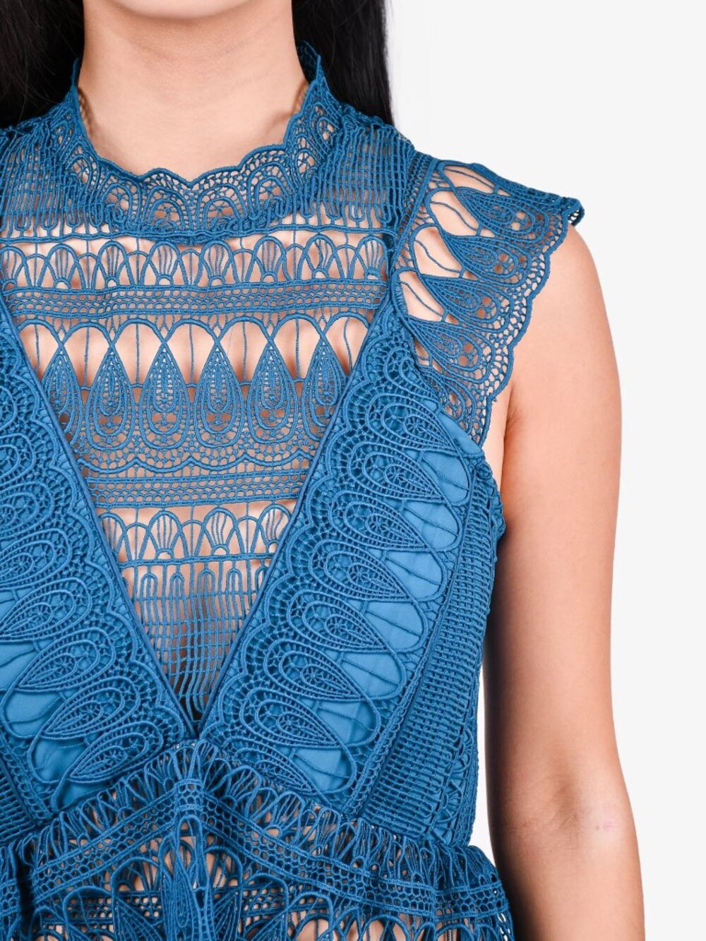 Self-Portrait Teardrop Guipure Tiered Lace Turquoise Teal BOHO Embroidery Dress - Picture 9 of 16